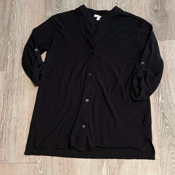 JAMES PERSE Black Jersey Slub Knit Open V Neck Button Down 3/4 SleeveTop M (2) - Picture 2 of 8